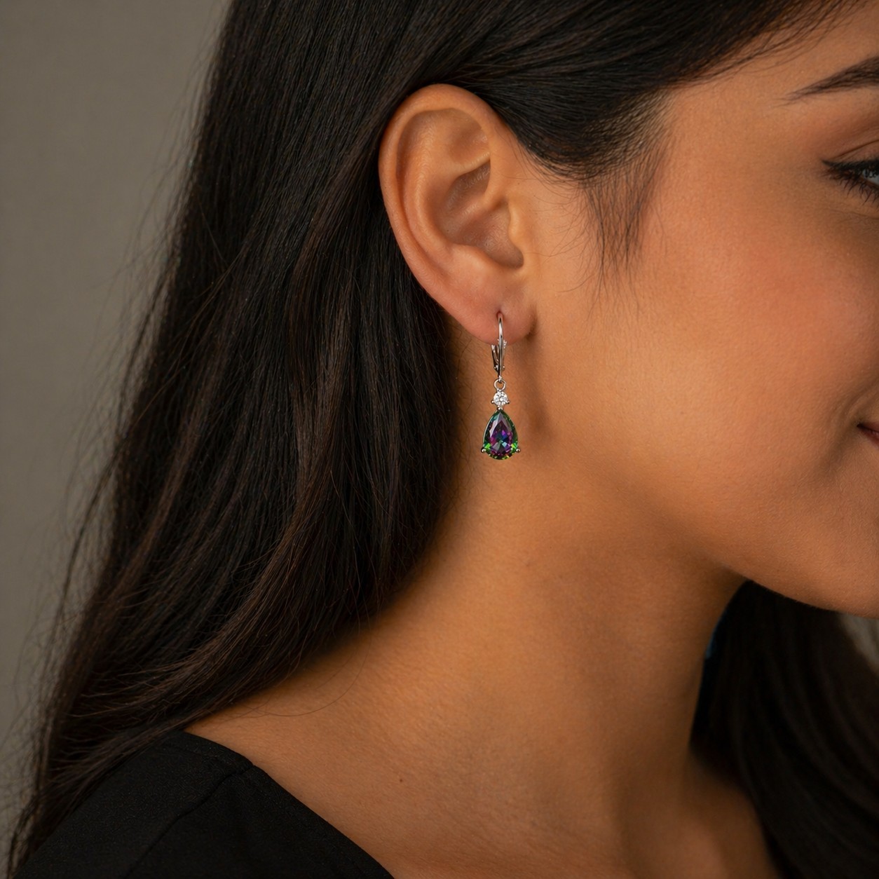 Teardrop Mystic Topaz Drop Earrings – Iridescent Pear Cut w/ CZ Silver Leverback