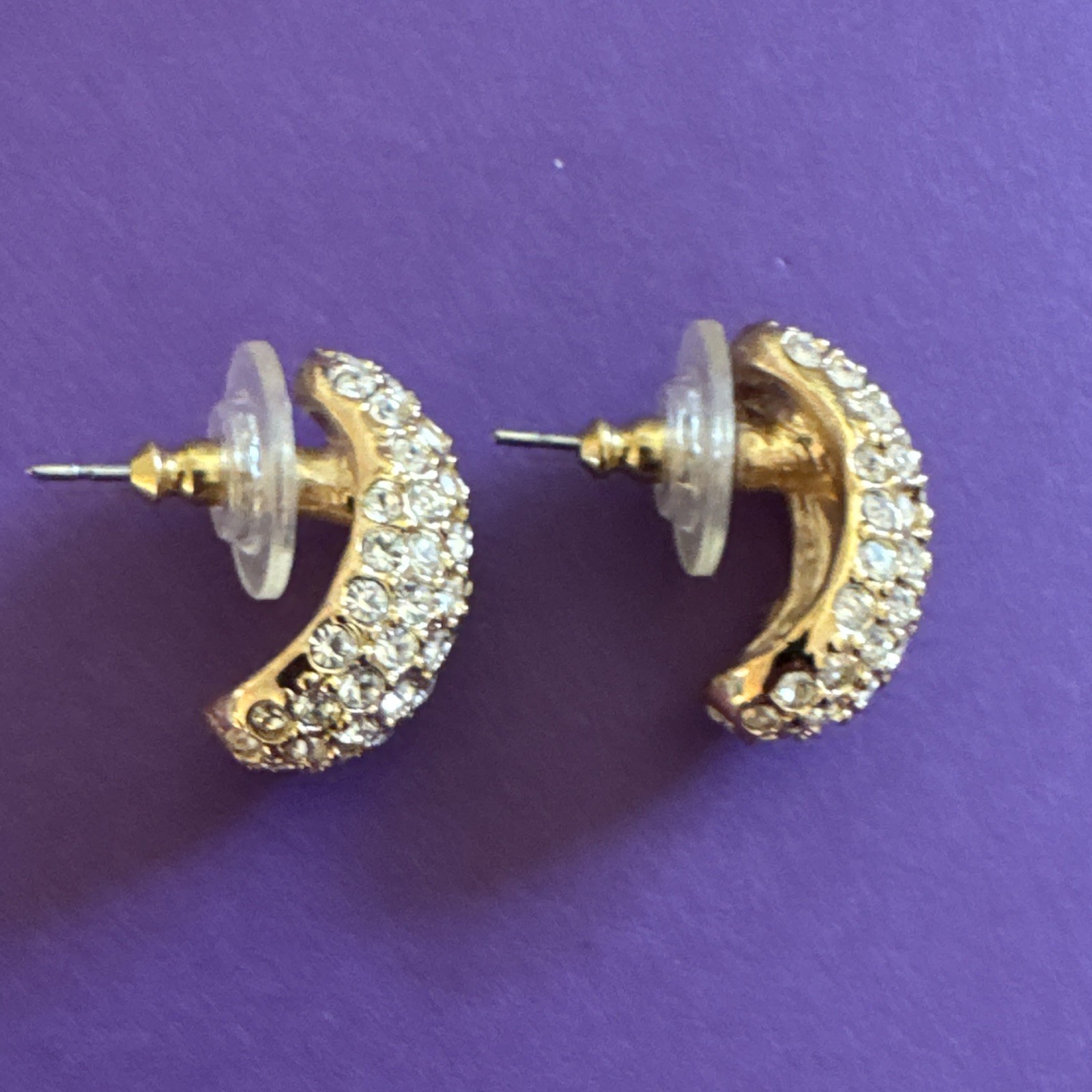 Gold Tone Simulated Crystal Rhinestone Hoop Earrings-Roman signed-One post loose