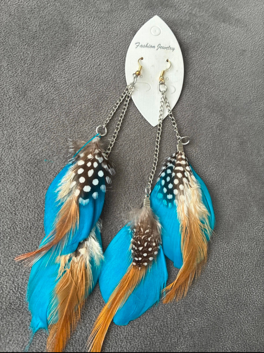 🪶Blue Brown Feather Earrings | Boho Statement | Festival Vibes | UK Seller