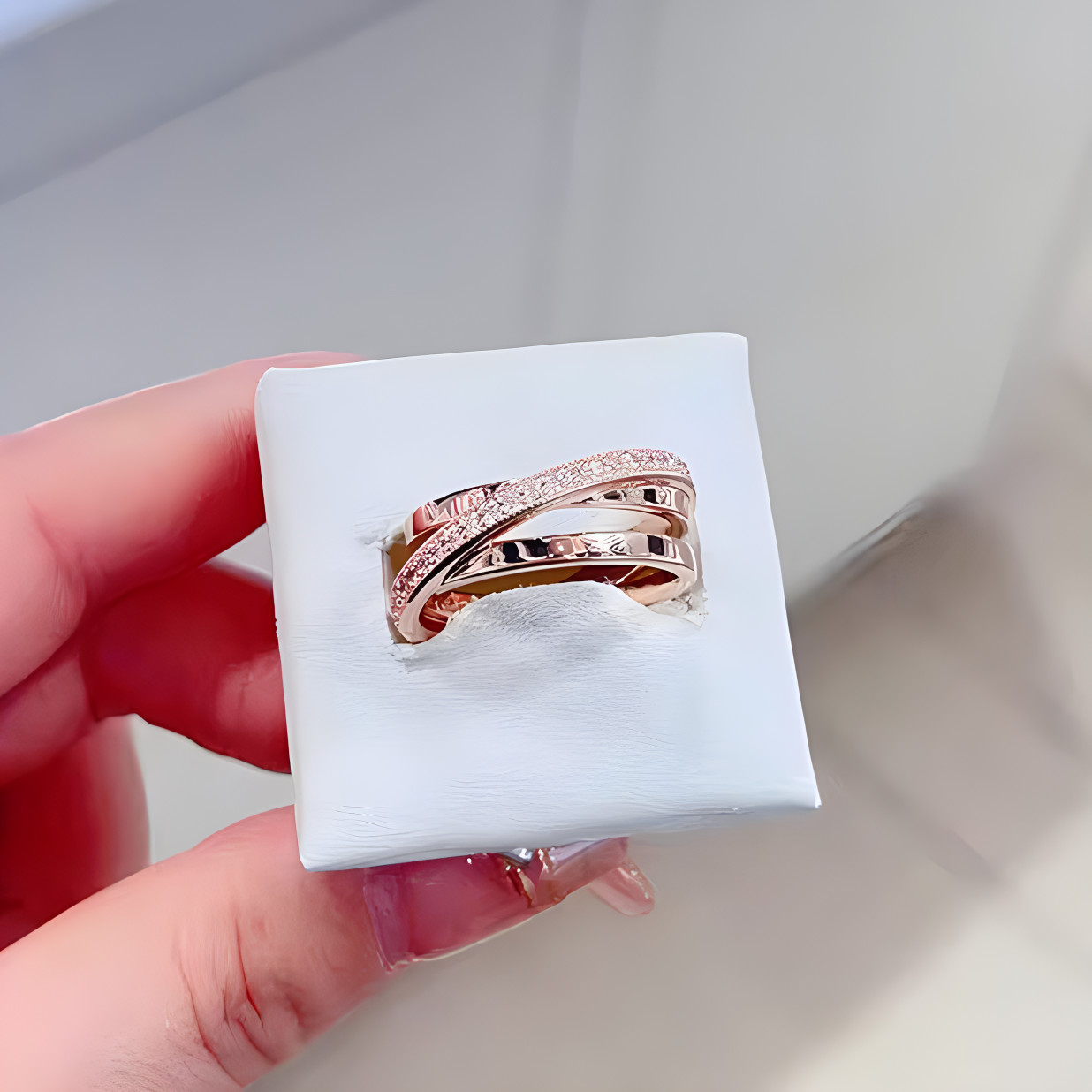 New Authentic 925 Sterling Silver Rose Gold Crossover Triple Band Ring