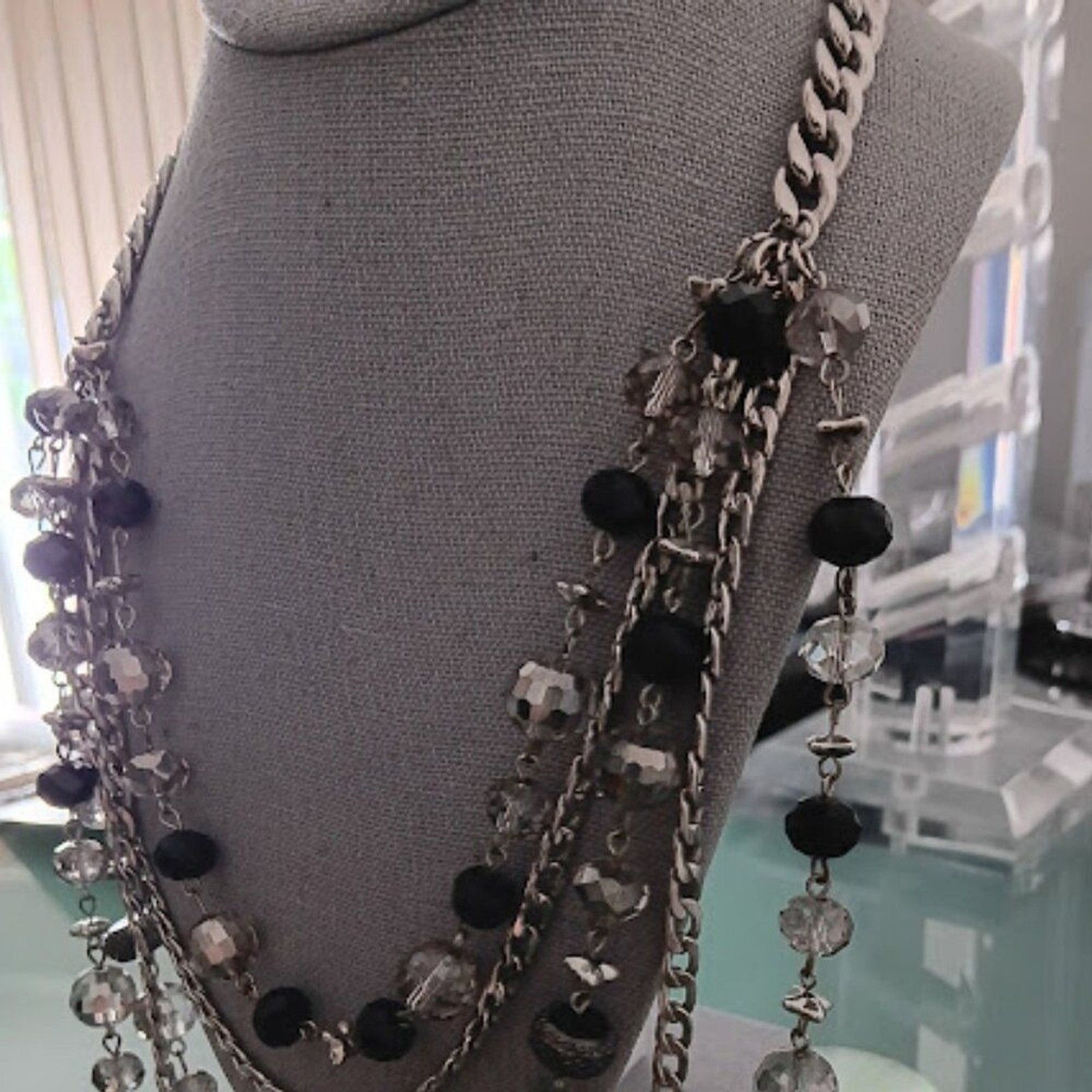 VERA WANG Rocker Chic Silver Black/Gray/Hematite Beads Chain Layered Necklace