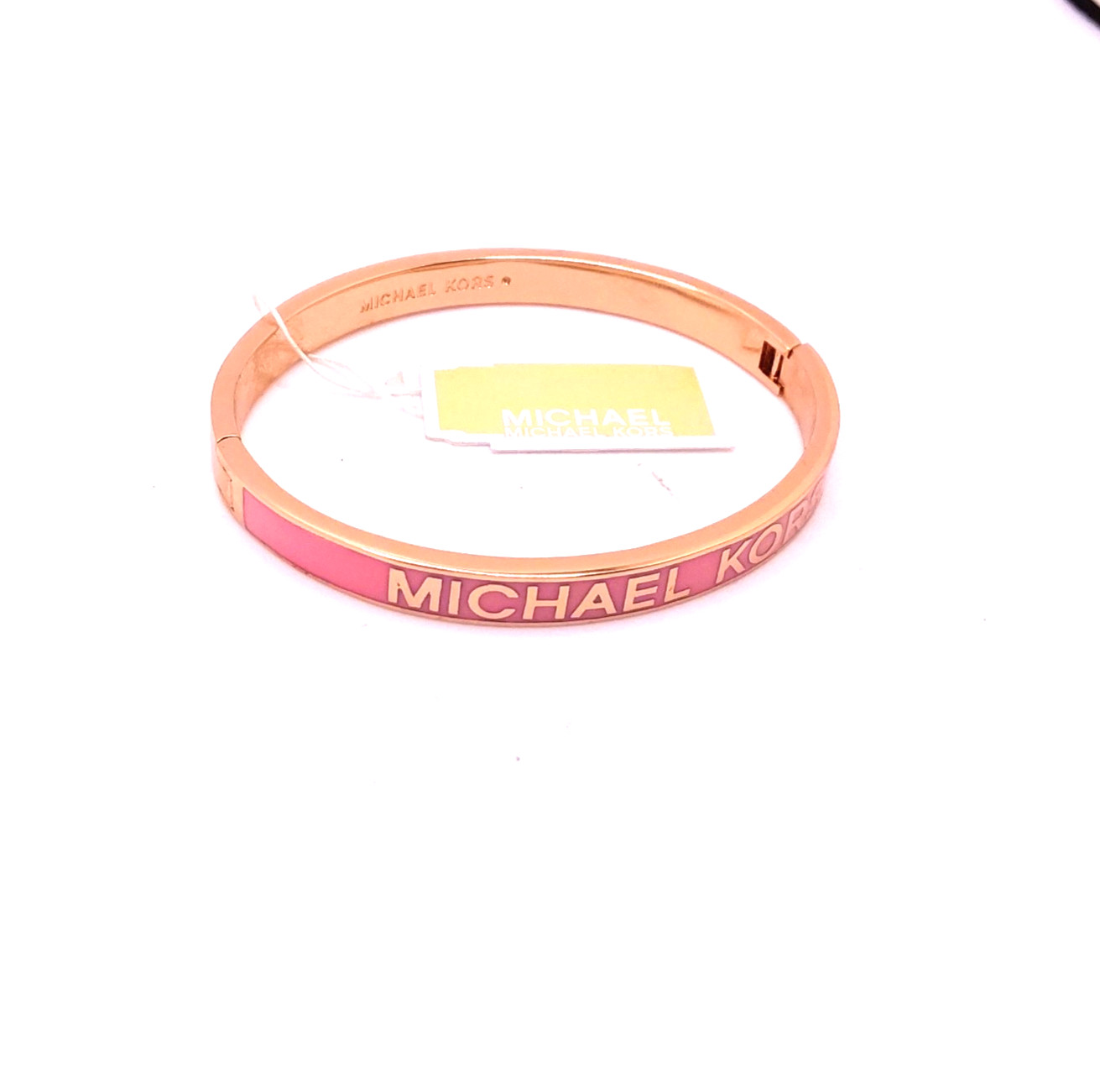 Michael Kors Rose Gold Pink Enamel Inlay Hinged Bangle Bracelet
