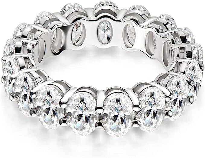 18k White Gold Plated 6MM Cubic Zirconia Oval Cut Eternity Ring Band For Women