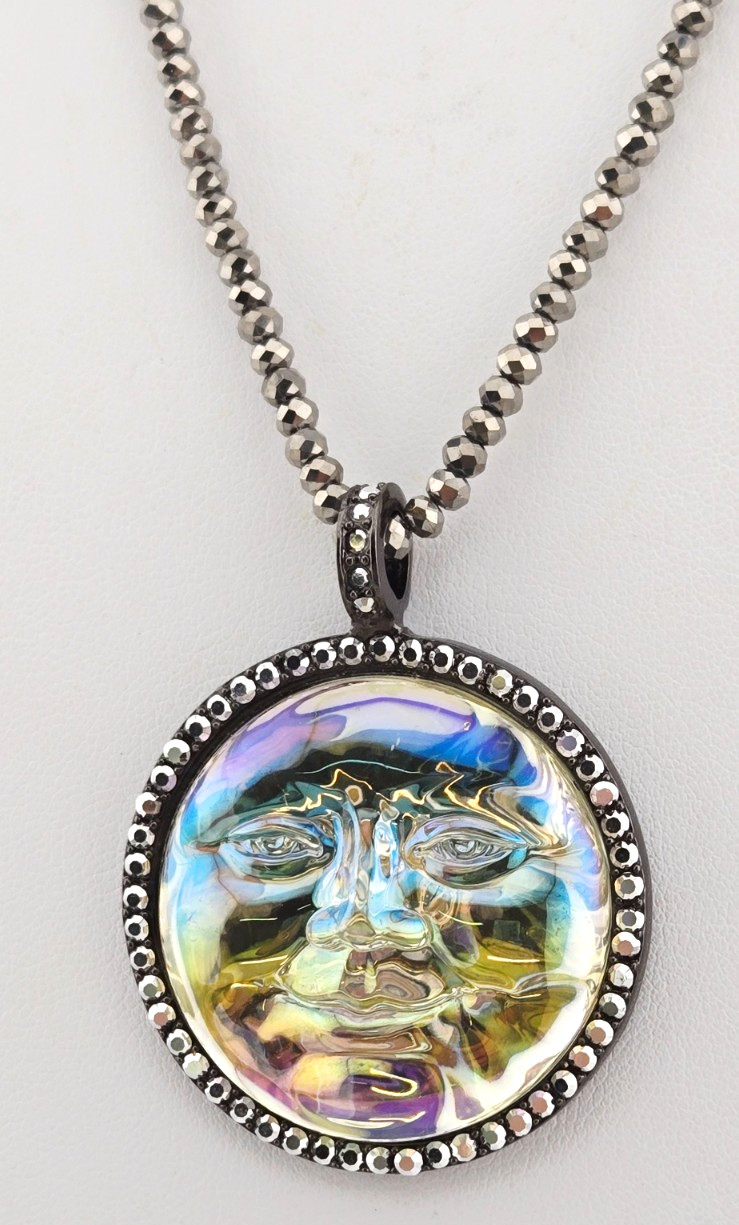 Kirks Folly Seaview Water Moon 35mm Pendant on Beaded Necklace Hematite/ AB #90