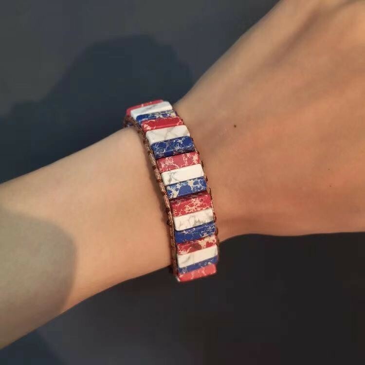 Unisex Natural Emperor Stone Bracelet American Flag Hand Made Knitted 0680