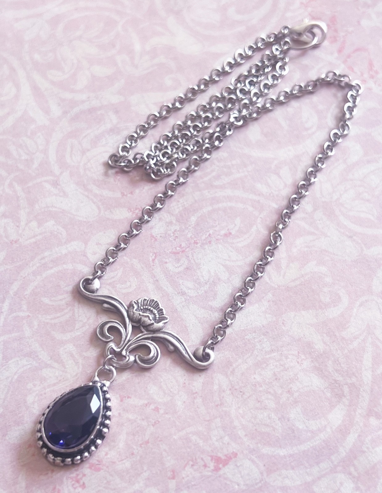 Amethyst Rhinestone Necklace Floral Silver Plated Pendant Art Nouveau Revival