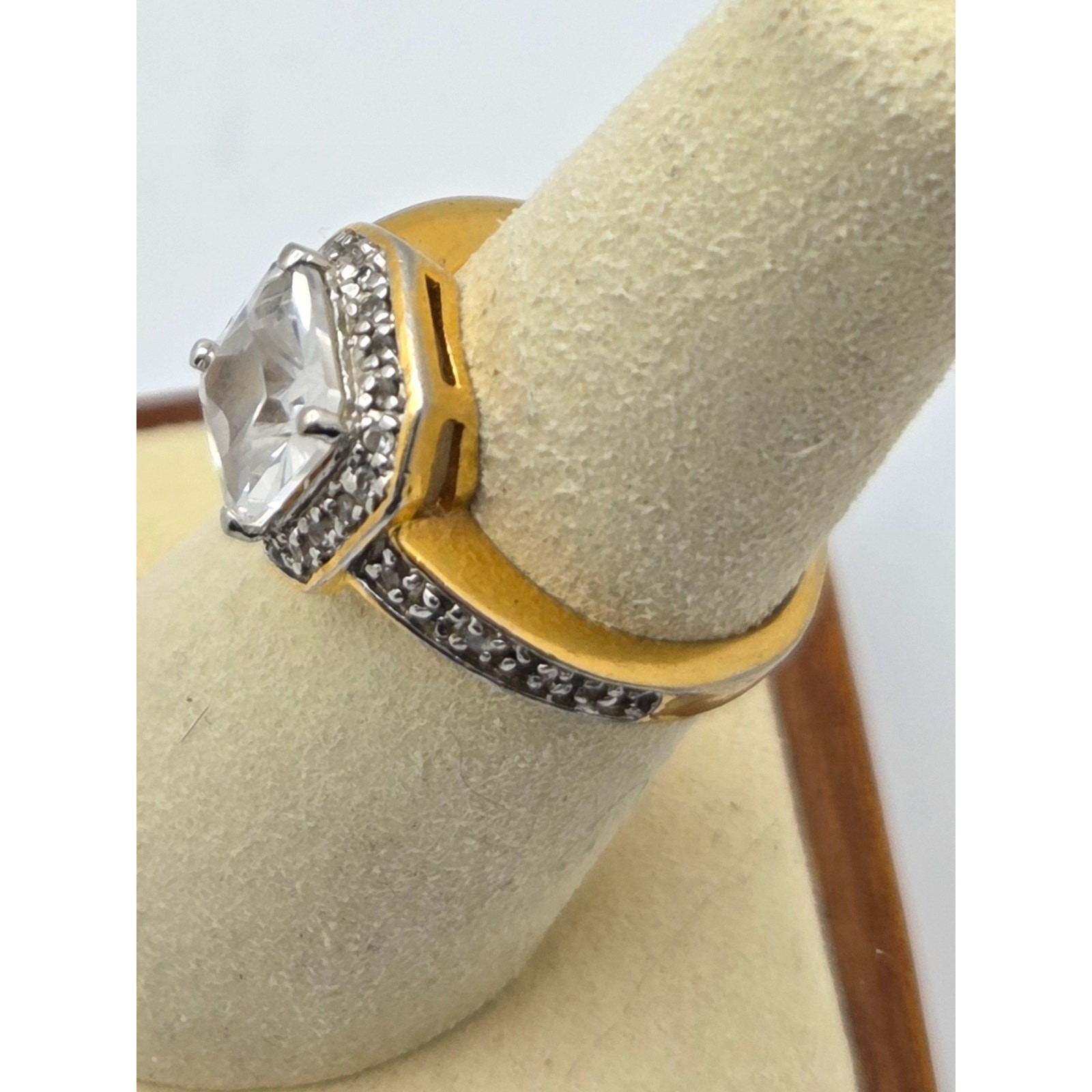 American Diamond Two-Tone Cushion Cut CZ Halo Ring – 6