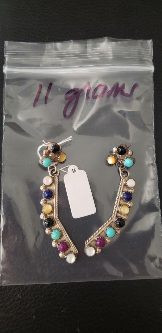Multi Gemstones Turquoise Dangle Earrings 925 Sterling Silver 11 grams New