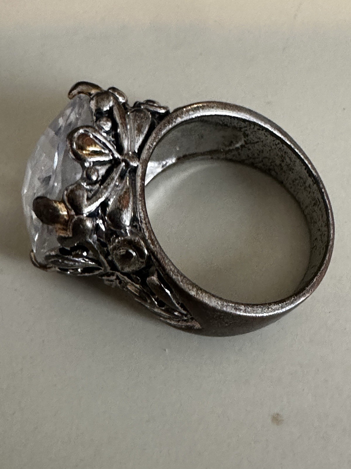 Silver Cocktail Ring with Large Clear Cushion Glass Stone and Ornate Band