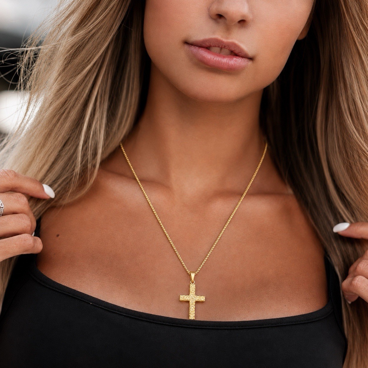 Hammered Steel Cross Necklace, Gold Silver Black Box Chain, Christian Pendant