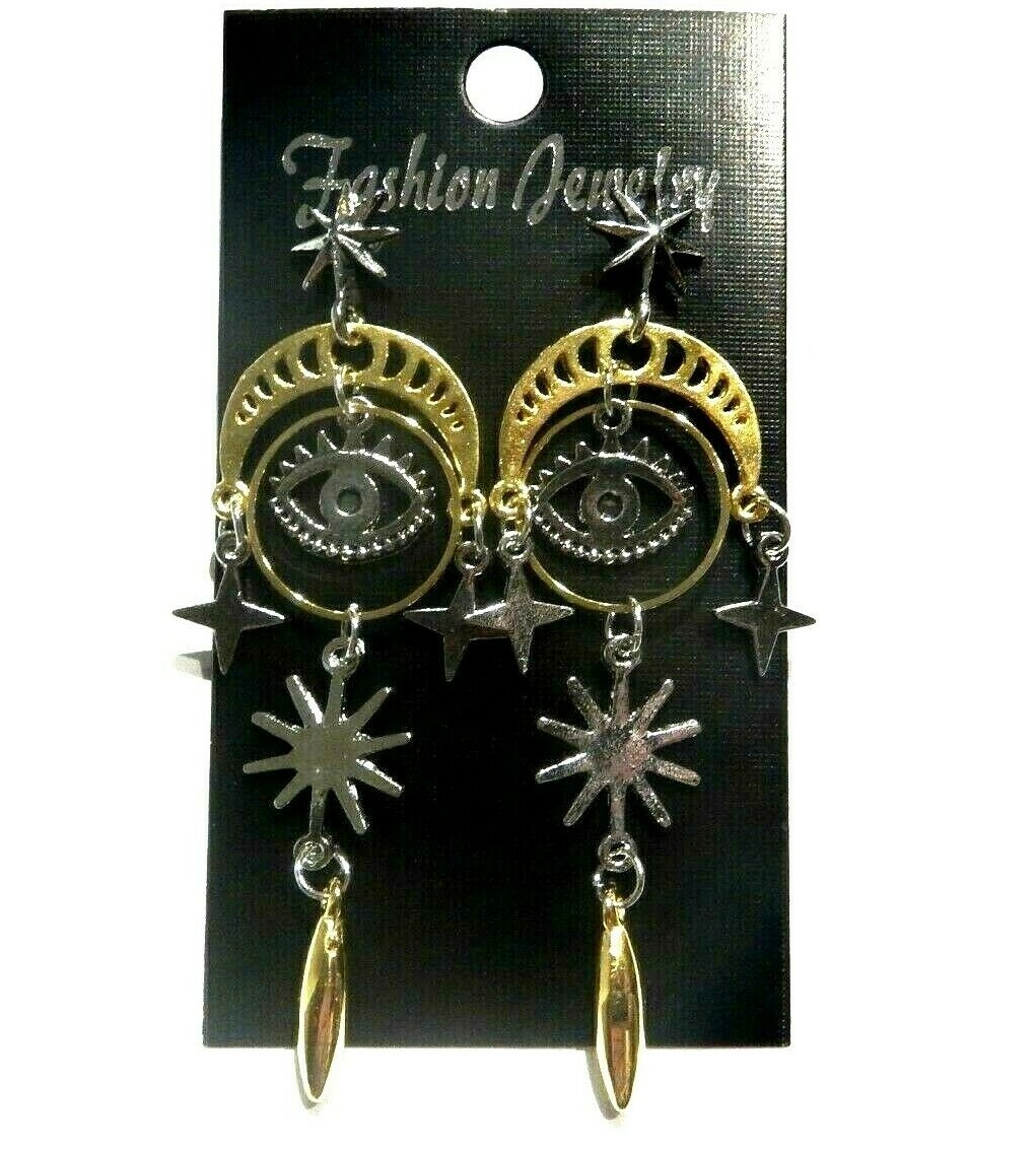 ASTROLOGY EARRINGS gold/ silvertone Evil Eye Star Moon Phase chandelier goth I4