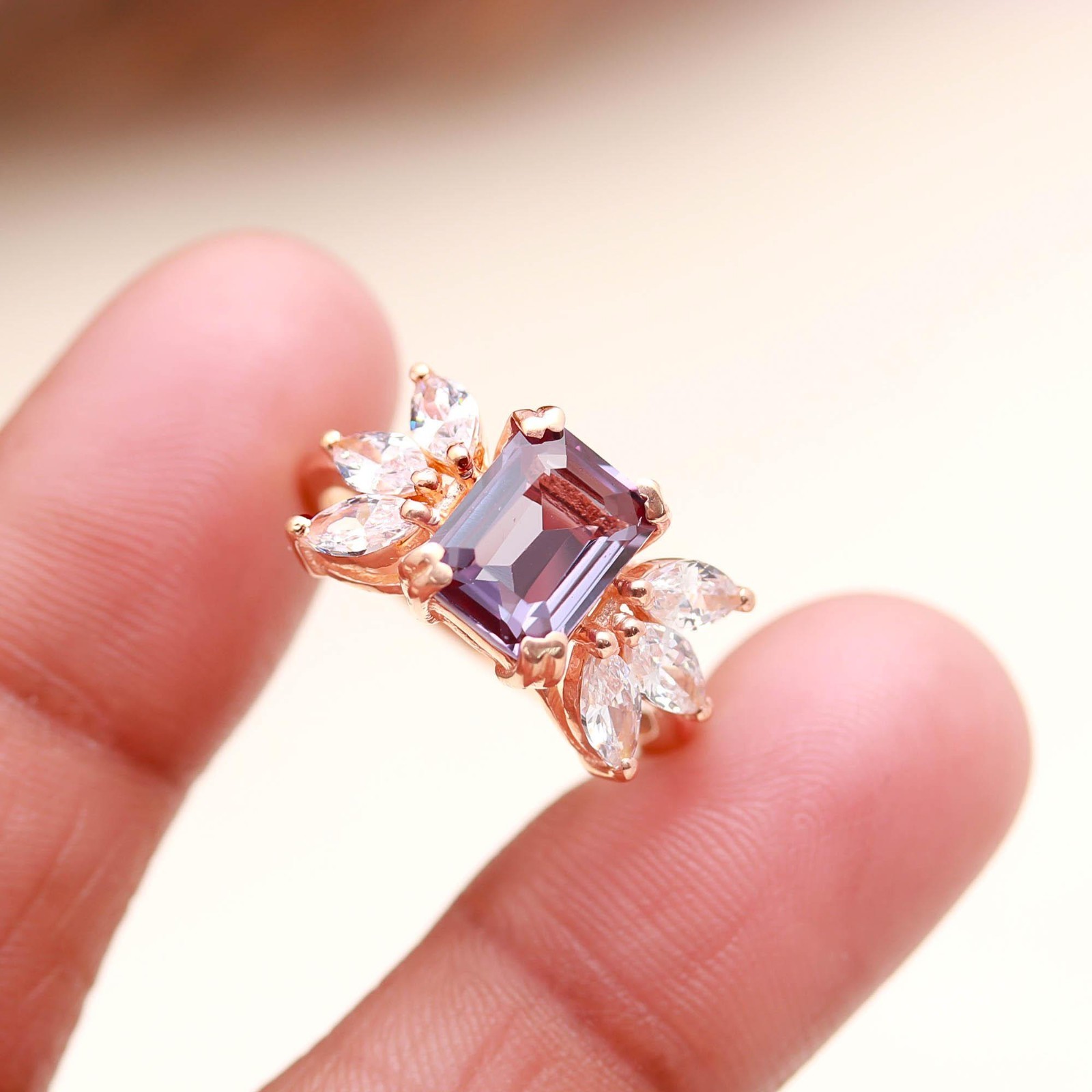 Color Changing Alexandrite Octagon Ring Rose Gold Plated Solid Silver Jewelry