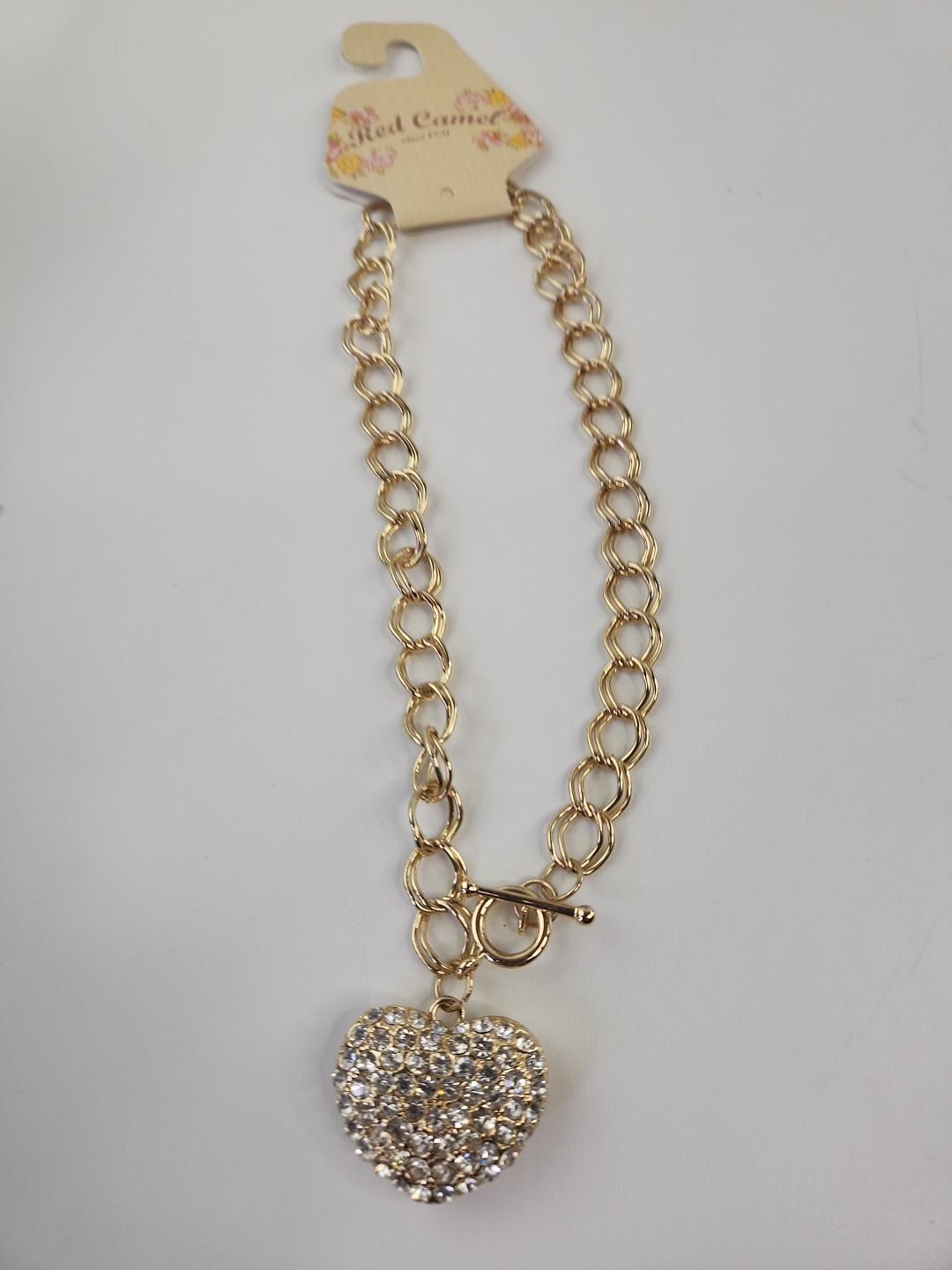 Red Camel Gold tone Link Necklace with Large Rhinestone Puffy Heart Pendant 17″.