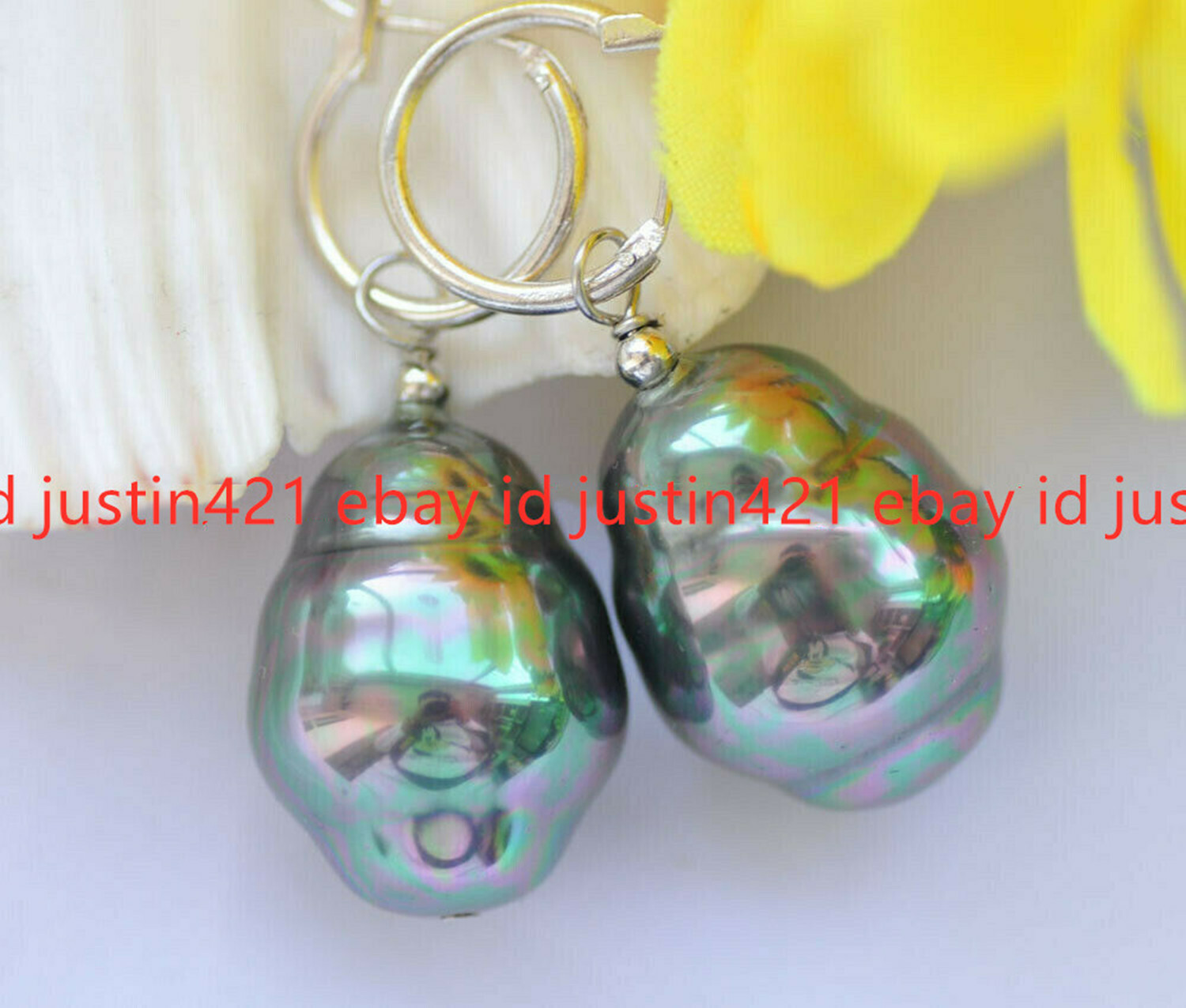 20mm Baroque Peacock-Black Shell Pearl Dangle Earring 925Silver