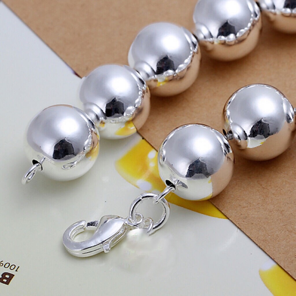 Unisex 925 Sterling Silver Bracelet Beads Balls Size 8 Inches 14MM Lobster L36