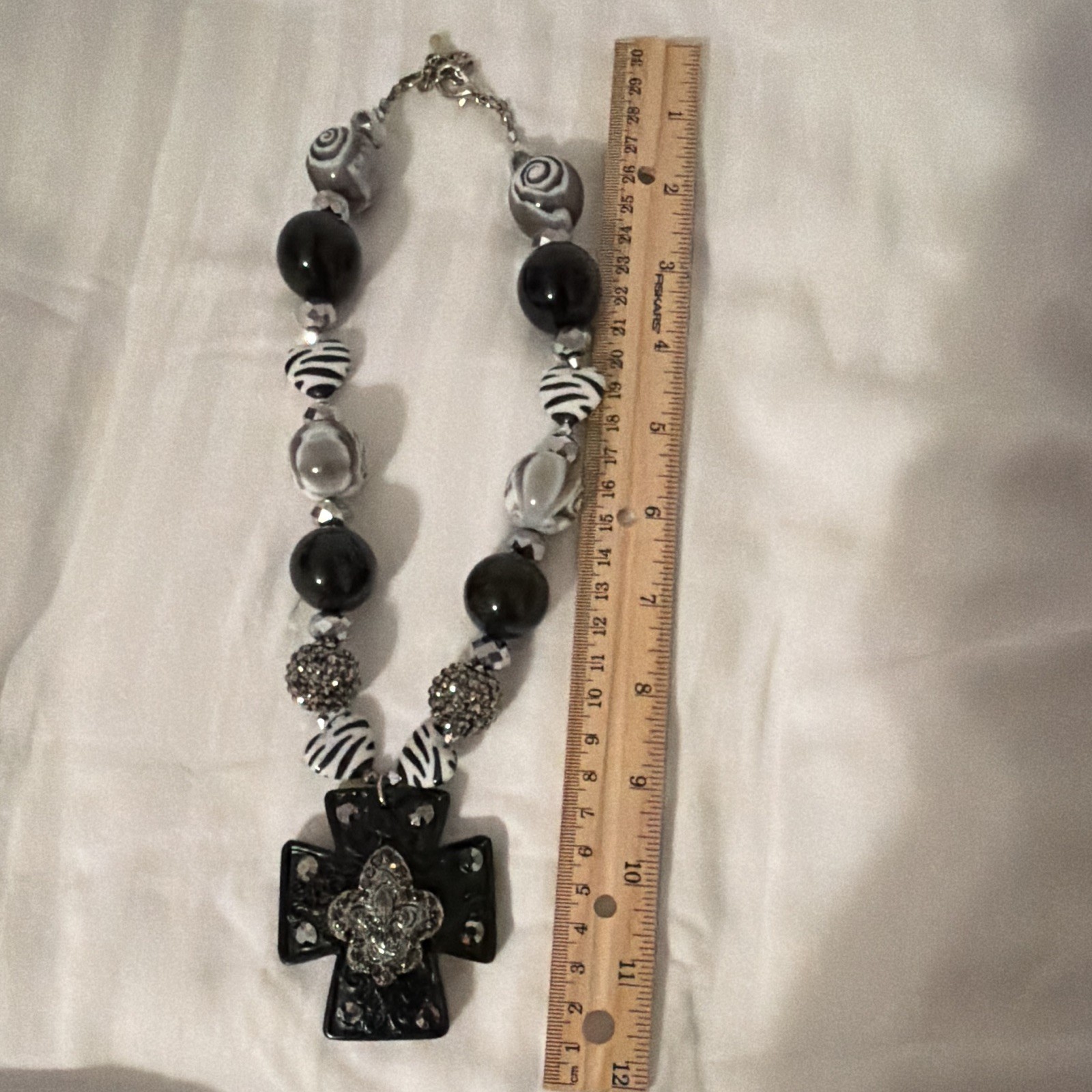 Black & White Beaded Necklace Cross Charm Pendant Clear Crystal, Lobster