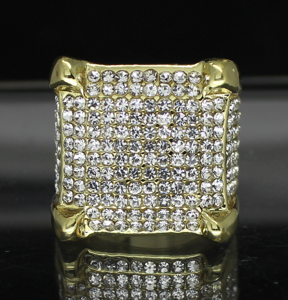 Mens Iced Square Pinky Ring Cz Band 14k Gold Plated Hip Hop Fashion