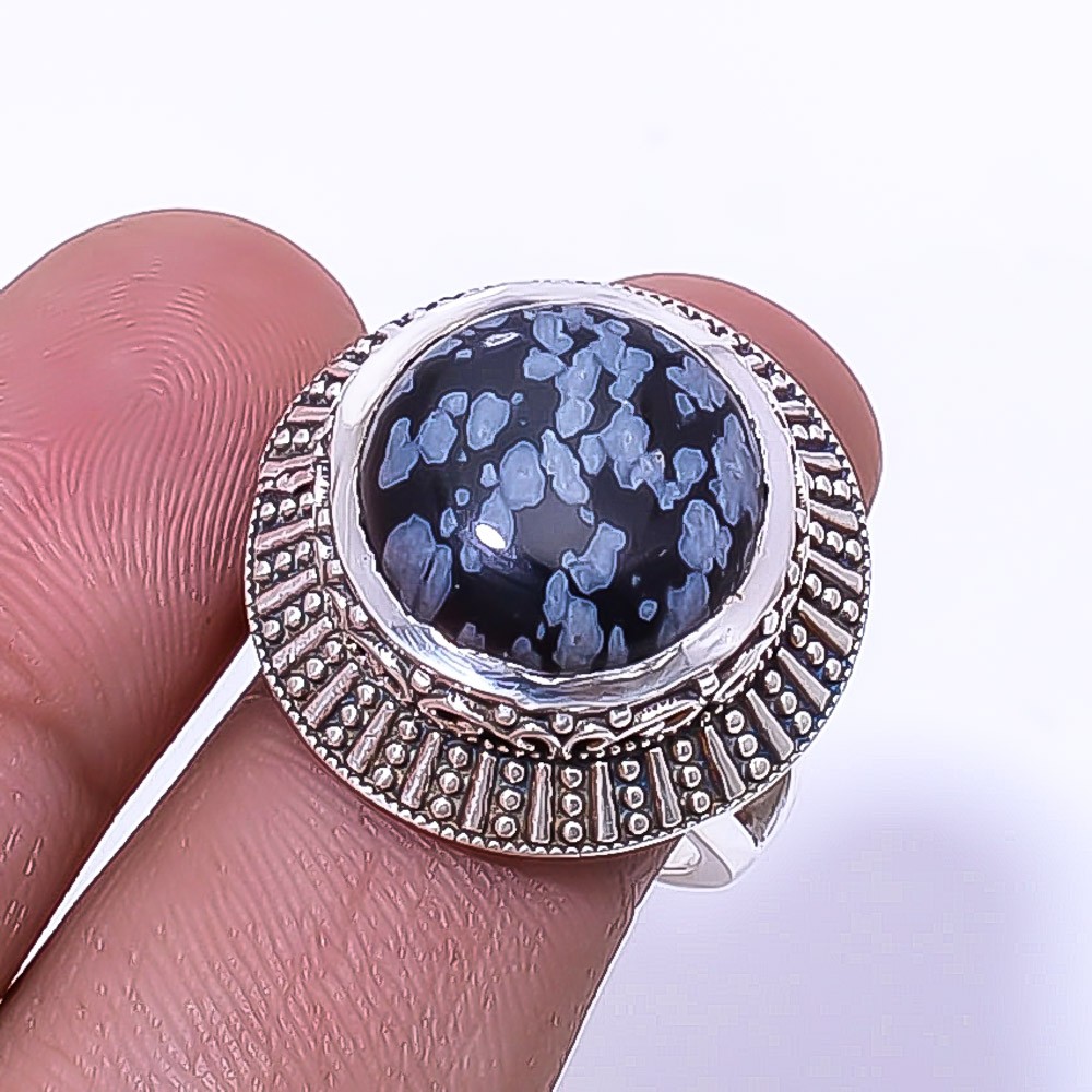 Snowflake Obsidian Fine Art Oxidised 925 Sterling Silver Ring S.7 R31, Christmas