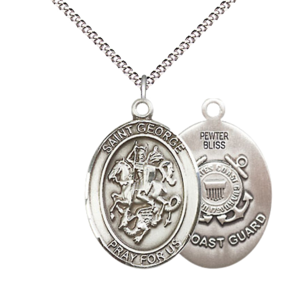 Pewter Medium Saint George Coast Guard Medal Pendant 18″ Chain Necklace