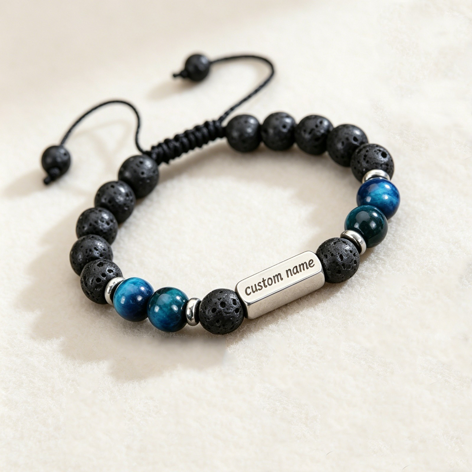 Custom Engraved Lava Stone Bracelet, Adjustable Gemstone Personalized Jewelry