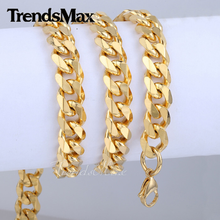 9/10MM 16-28inch Cuban Curb Chain Necklace Gold Plated Stainless Steel Link Xmas