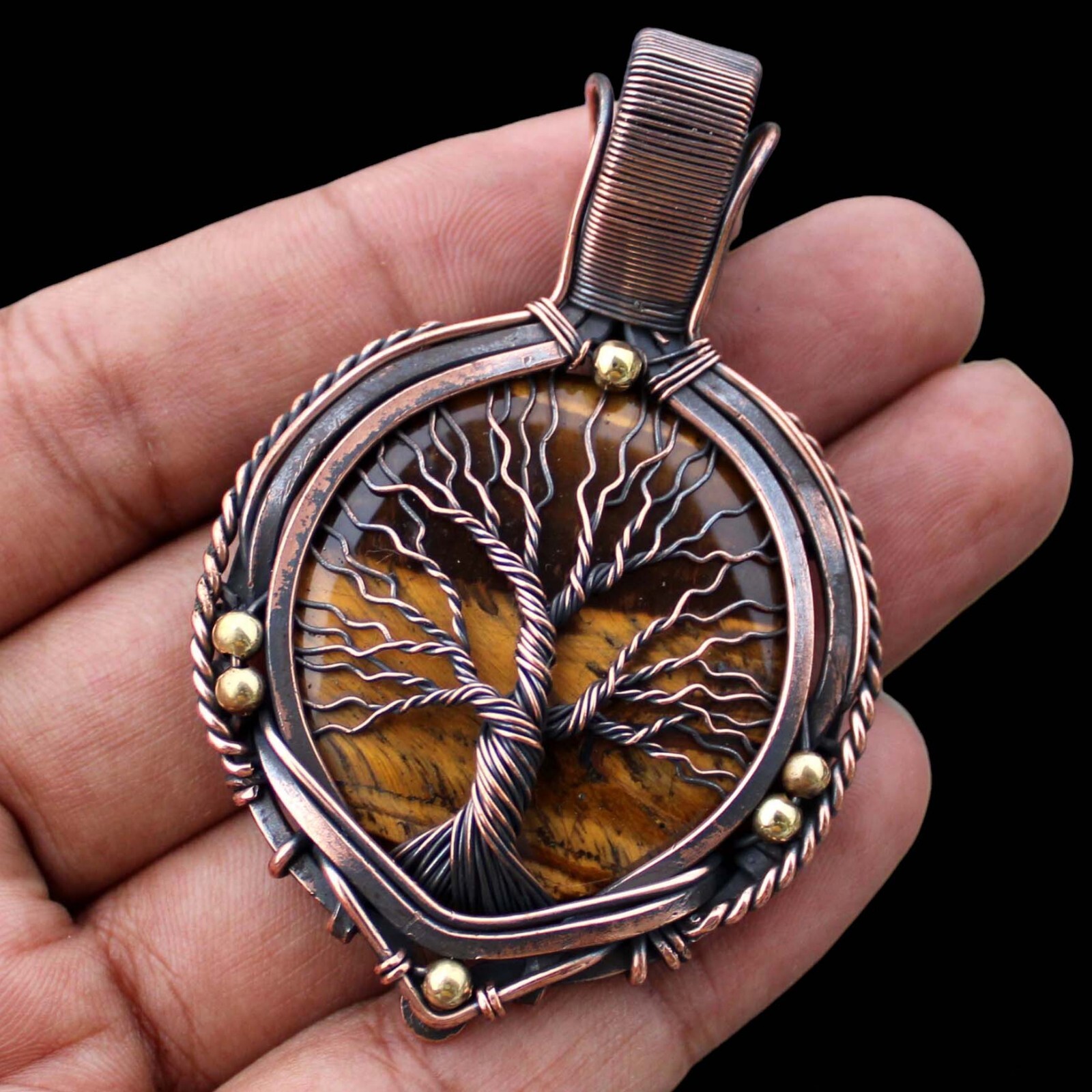 Tree Of Life Tigers Eye Pendant Copper Wire Wrapped Handmade Pendant With Chain