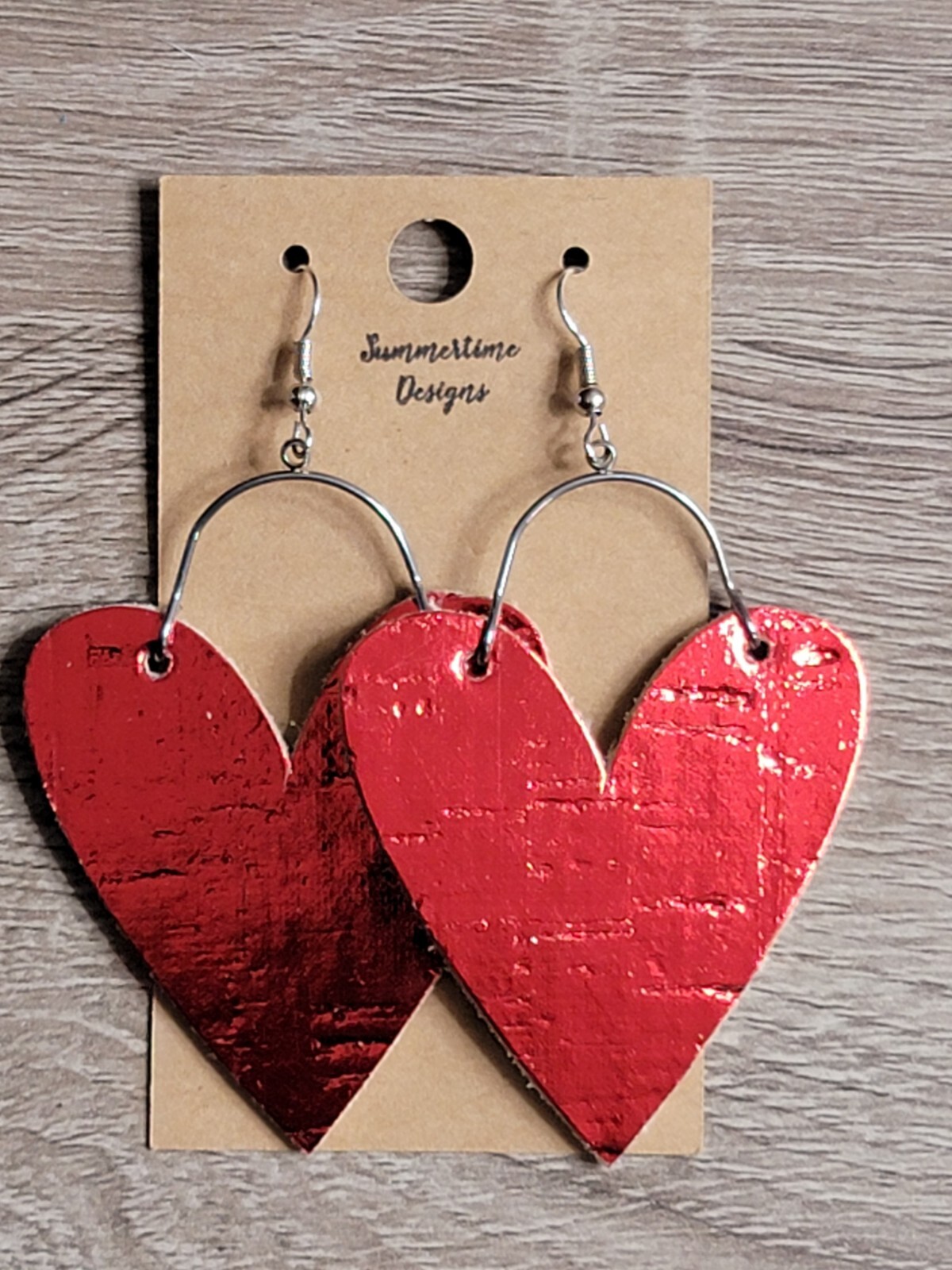 GENUINE Leather Backed Cork Heart Earrings Metallic Red 3.5″