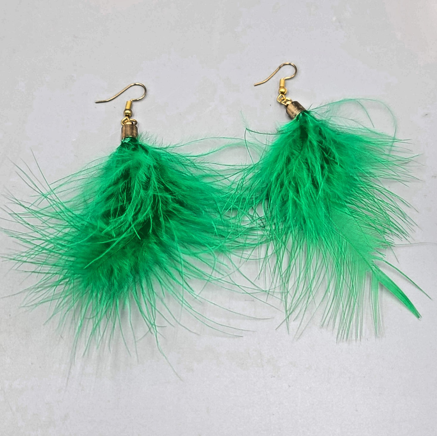 Real Bright Green Feather Pierced Earrings Large Statement Dangle 3.5 in