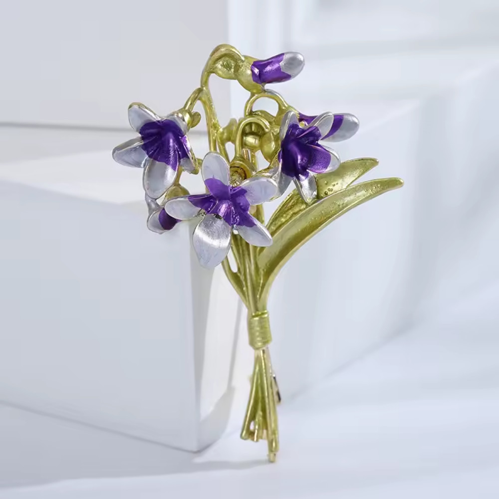 Vintage Enamel Purple Flower Bouquet Brooch Floral Gold Pin Summer Gift Jewelry