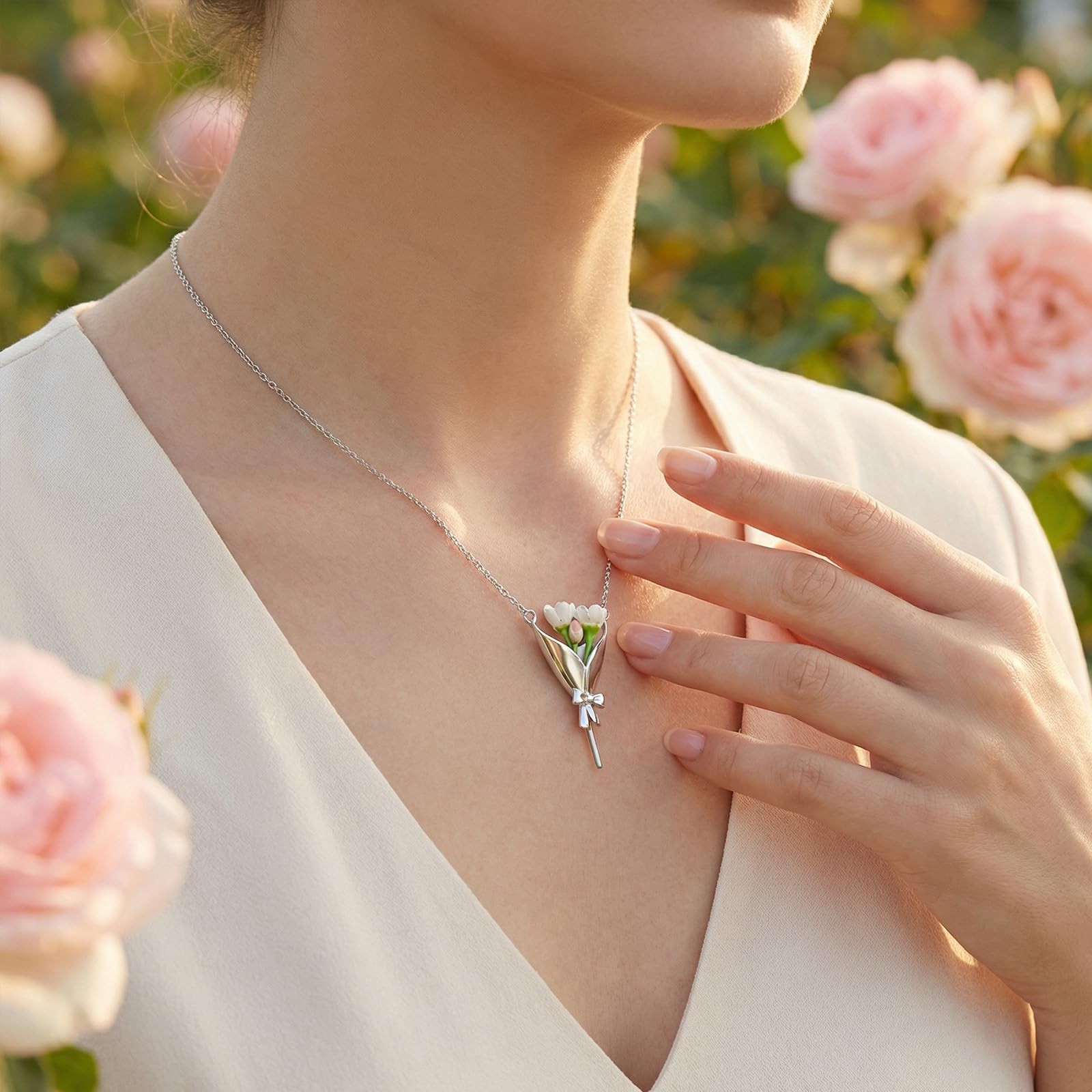 Mothers Day Gift Silver Flower Holder Necklace Jewelry For Mom Women For Her