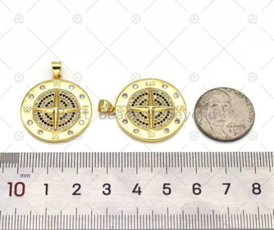 CZ Micro Pave Compass On Round Coin Shape Pendant, 18K gold Filled Medallion