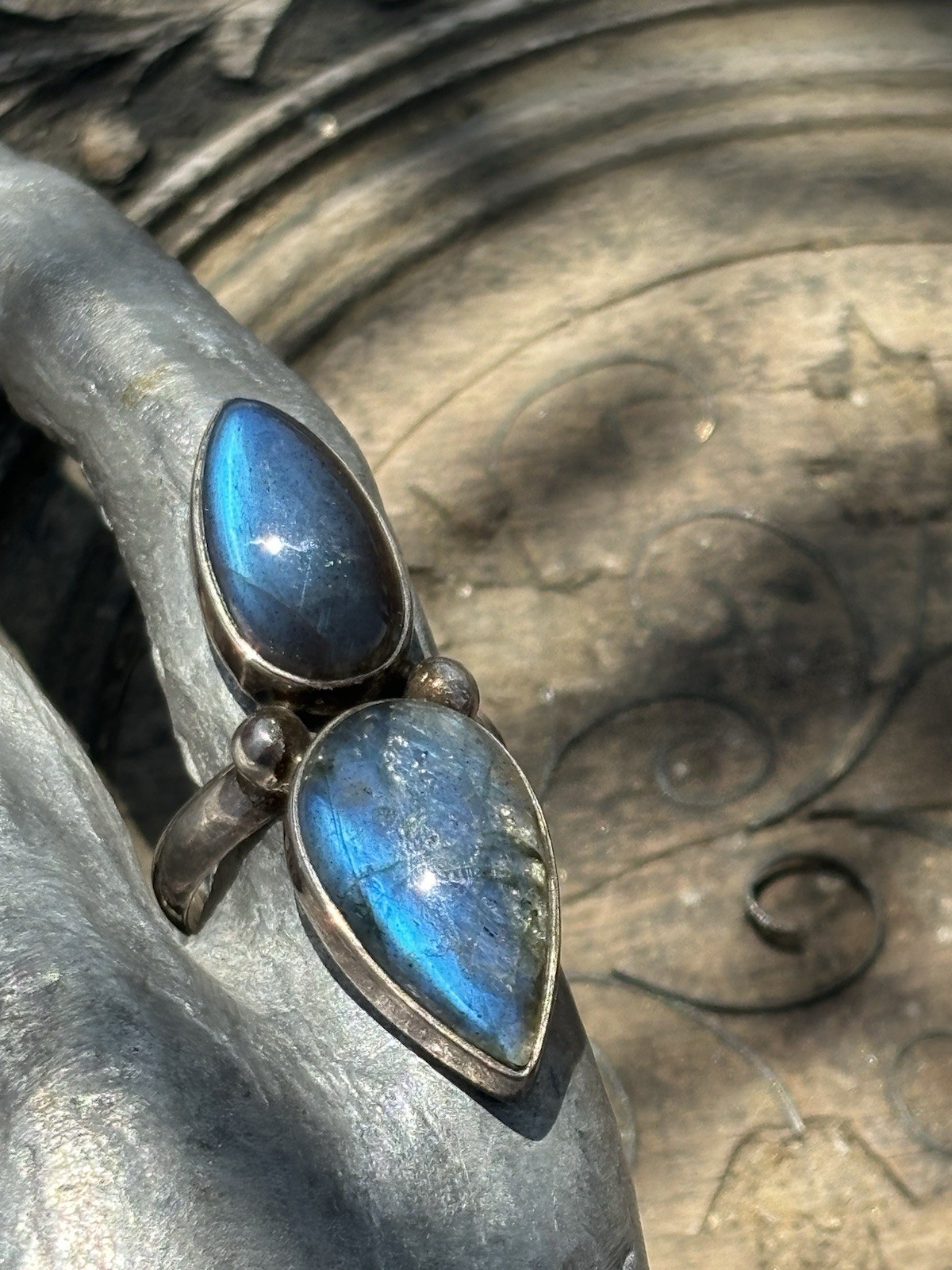 Double pear shaped labradorite gemstone silver ring size 7