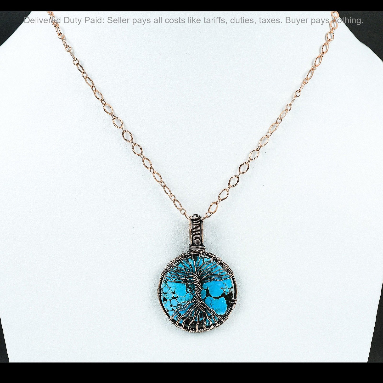 Copper Tibetan Turquoise Gemstone Handcrafted Wire Wrapped Tree Of Life Pendant