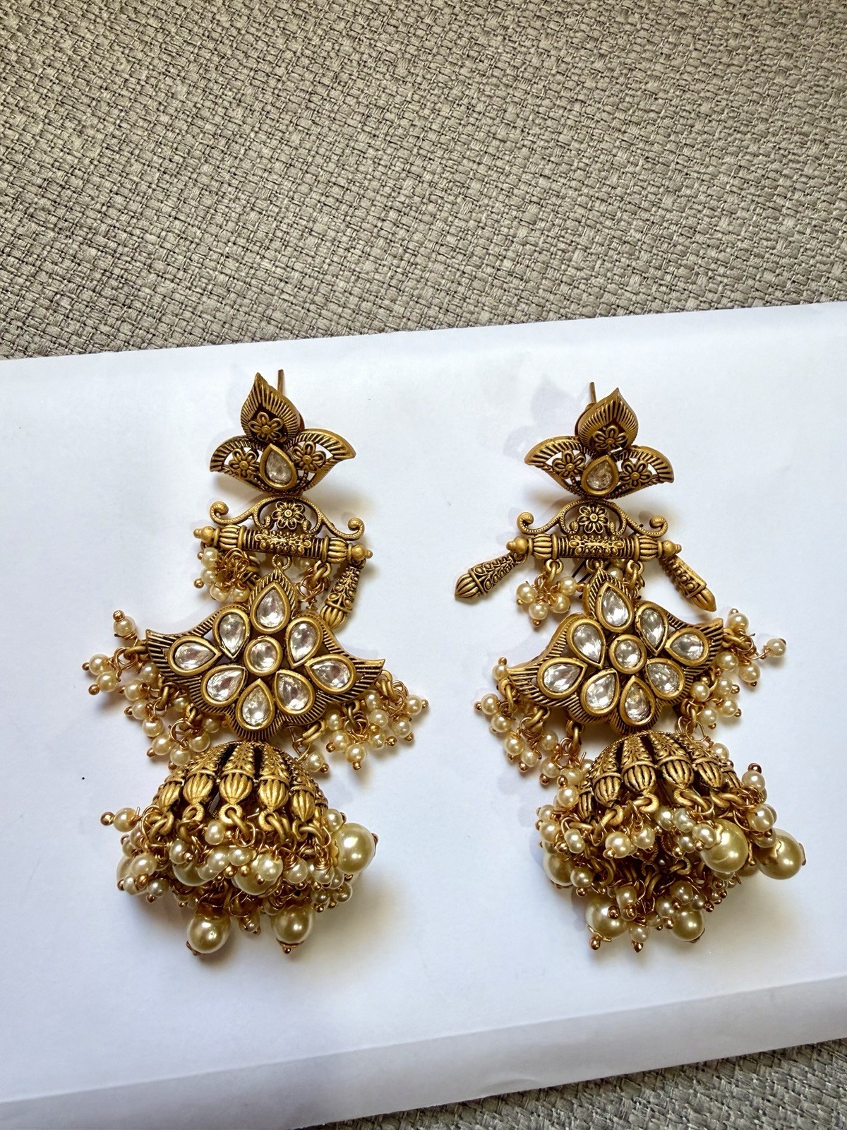 Gold Tone Chandelier Dangle Earrings w/ Crystal & Pearl Fringe Hooks