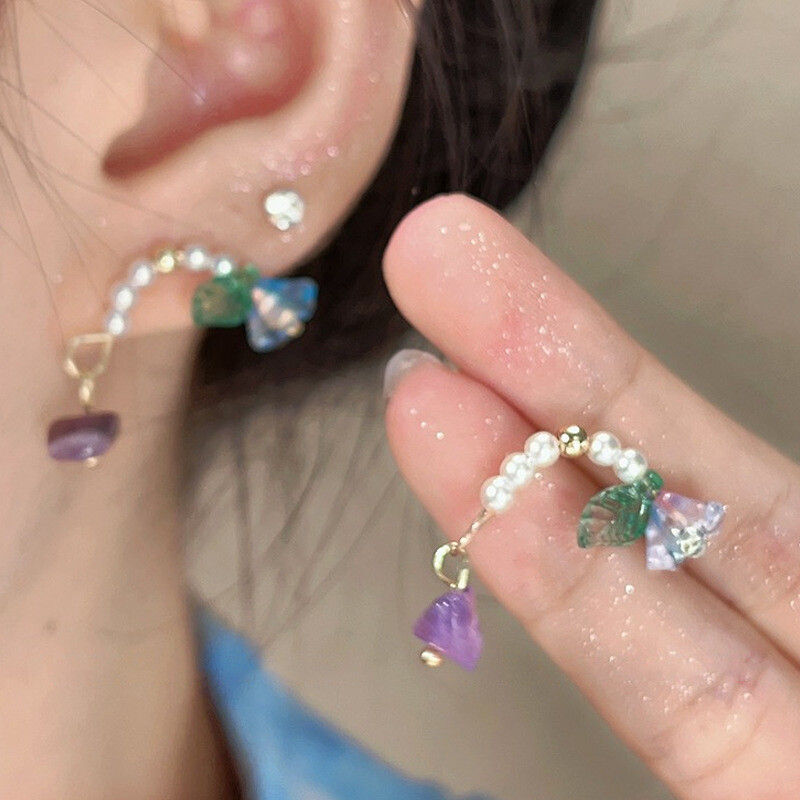 18K Gold Plated Flower Pearl Stud Drop Earrings Womens Jewelry Party Accessories