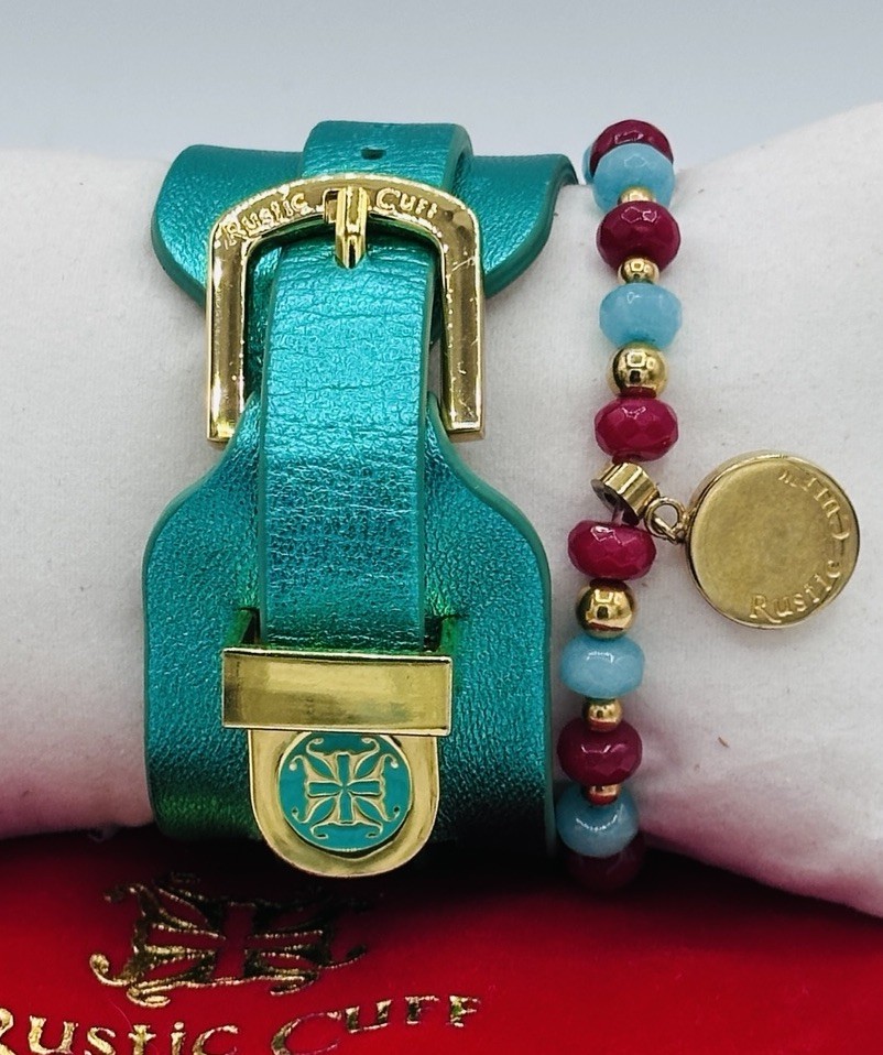 Rustic Cuff Metallic Turquoise Leather Wrap Bracelet Gold Tone Buckle + Beaded