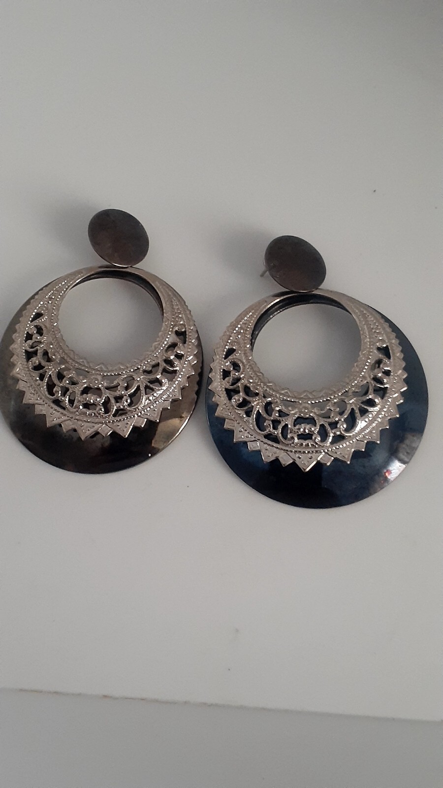 Metallic Gun Metal Grey Silvertone Double Round Door knocker Earrings