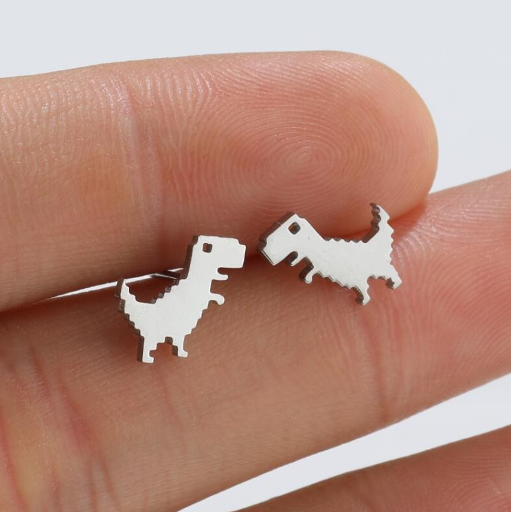 Titanium Silver/Gold/Black Dinosaur Stud Earrings