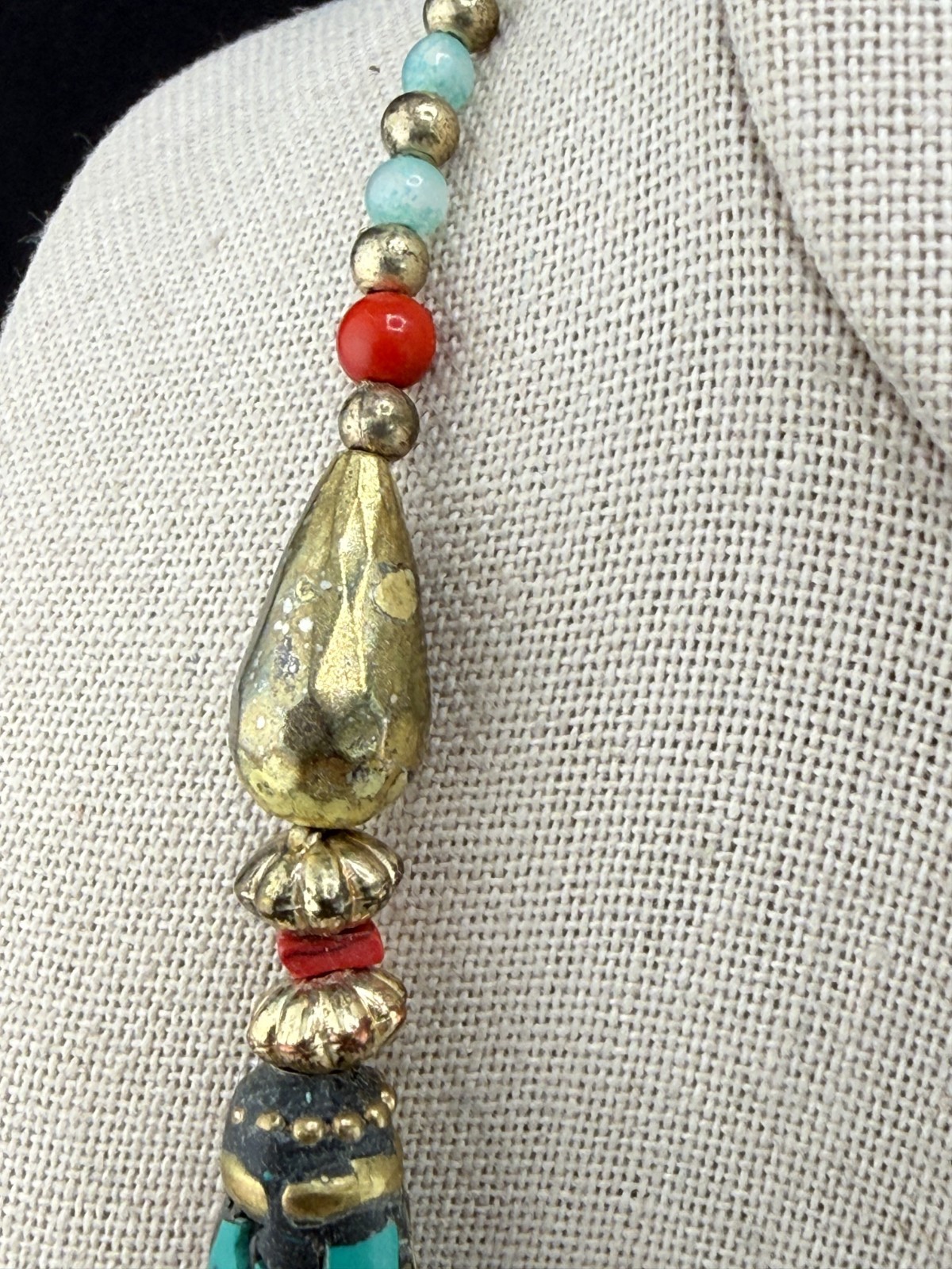 Bohemian Retro Layered Necklace Tibetan Style Red Blue Beads Gold Tone 26″