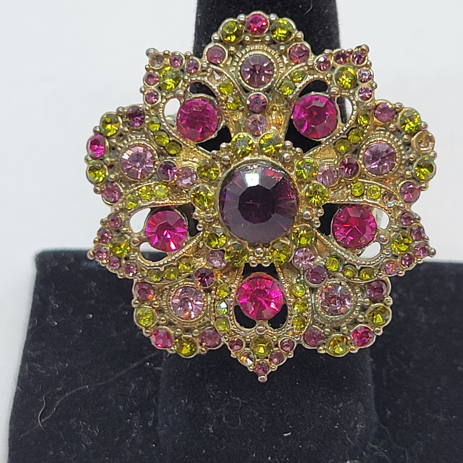 Pink Purple and Green Rhinestone Stretch Ring – Size 9-14.5