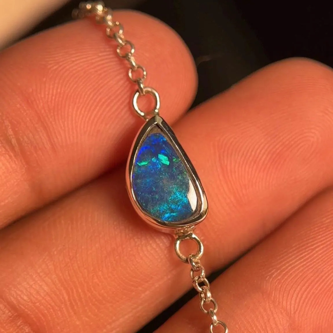 Natural Australian Opal Link Bracelet, Solid 925 Sterling Silver, Gift For Her
