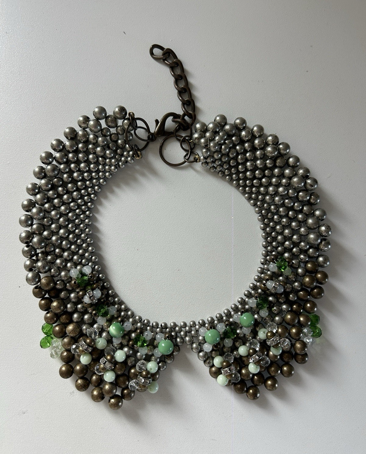 Silver Tone Beaded Collar Statement Necklace Green Round Beads Hook Closure