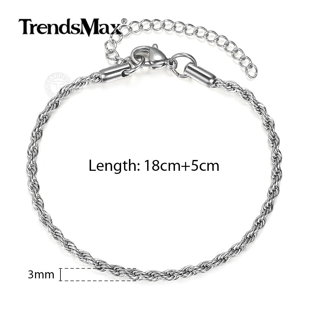 3MM Silver Stainless Steel Twisted Rope Link Chain Bracelet 7+2″ Extra Link