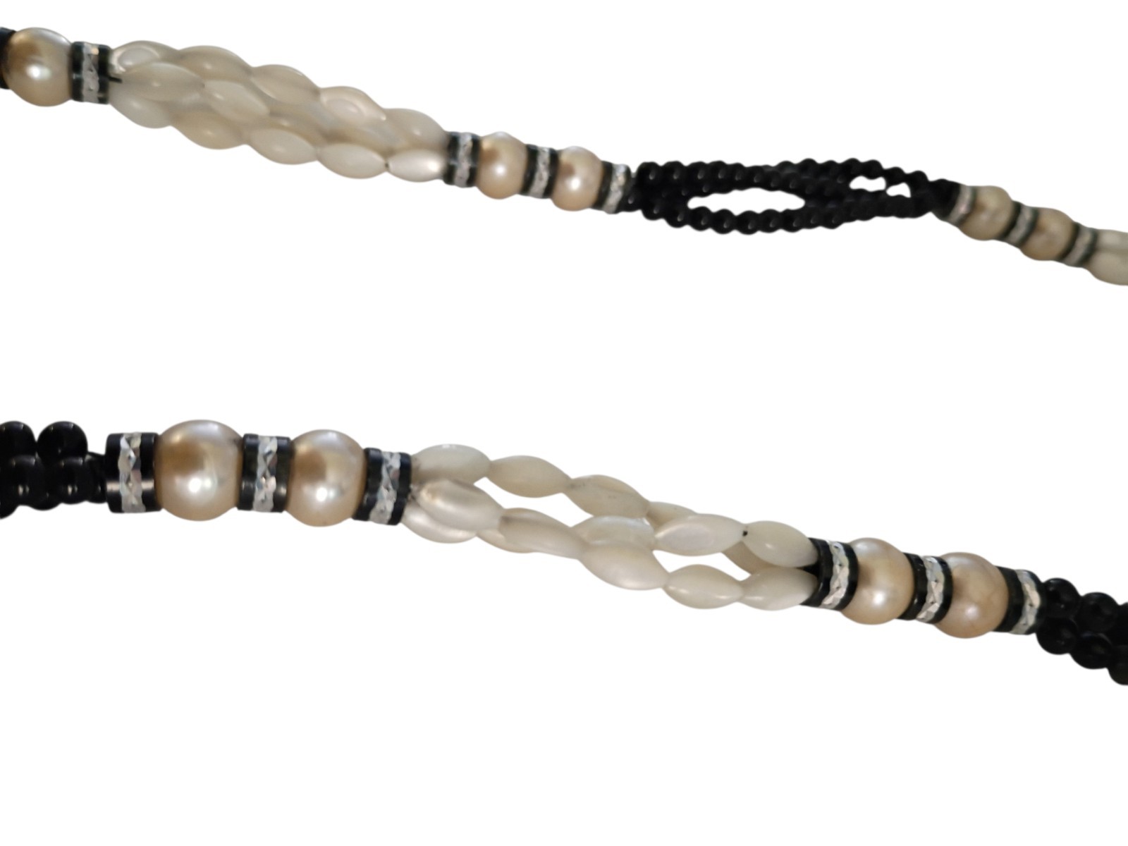 Vintage Multi Strand Beaded Necklace Black Onyx and White Rice Pearls