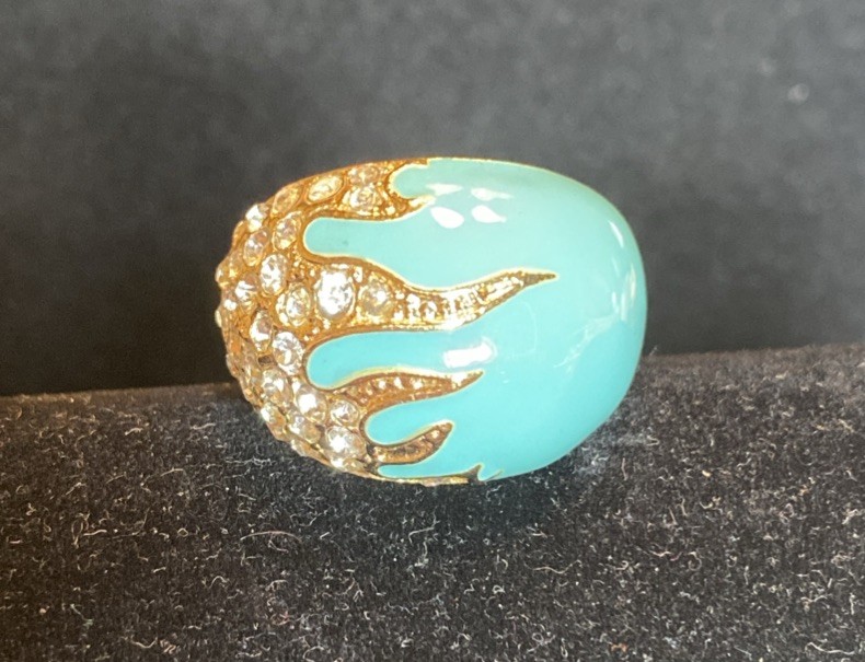 NEW Gorgeous Turquoise Enamel Dome Band Ring Gold Tone w/ clear stones size 7.75