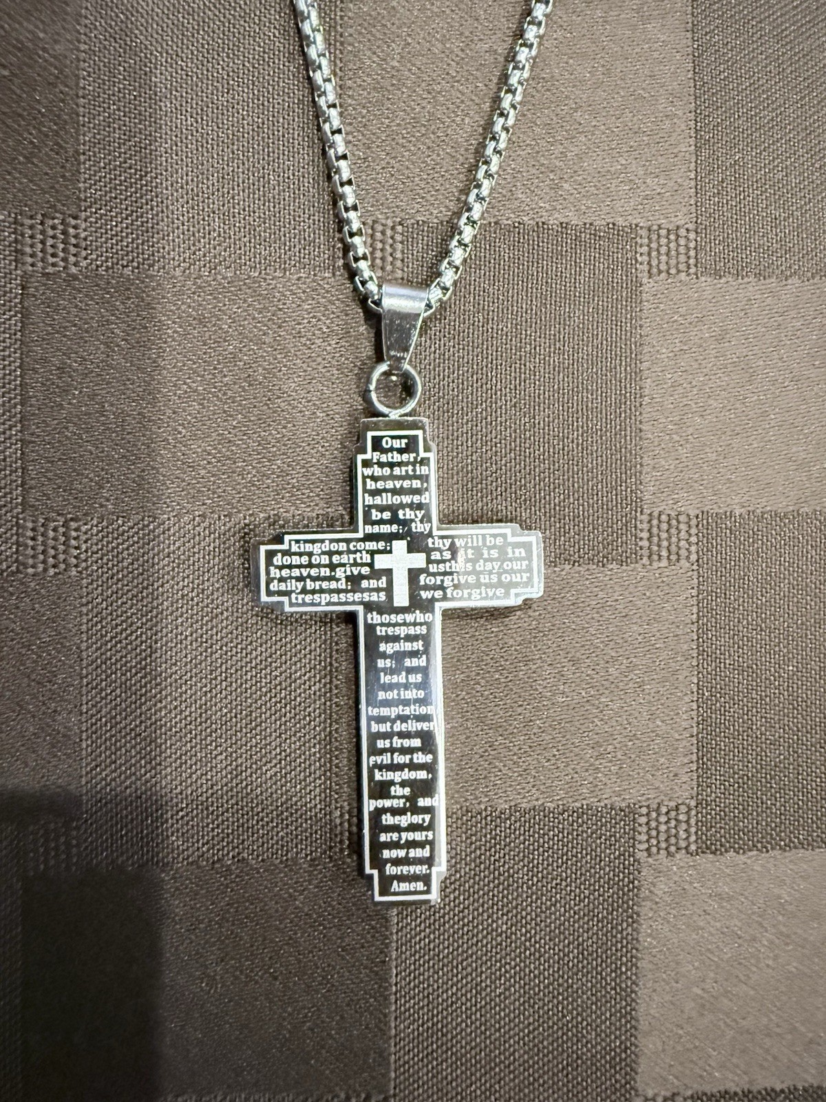 Silver Tone Lord’s Prayer Cross Pendant Necklace – 23.5″ Rope Chain, 25g