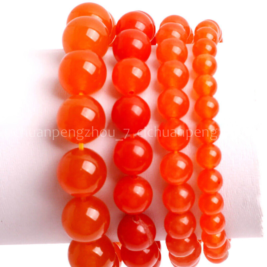 6/8/10/12mm Natural Orange Jade Round Gemstone Beads Elastic Bracelet 7.5”