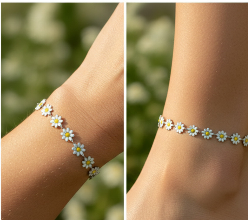 Boho Daisy Flower Charm Anklet Silver Plated Brass Chain White Floral Enamel