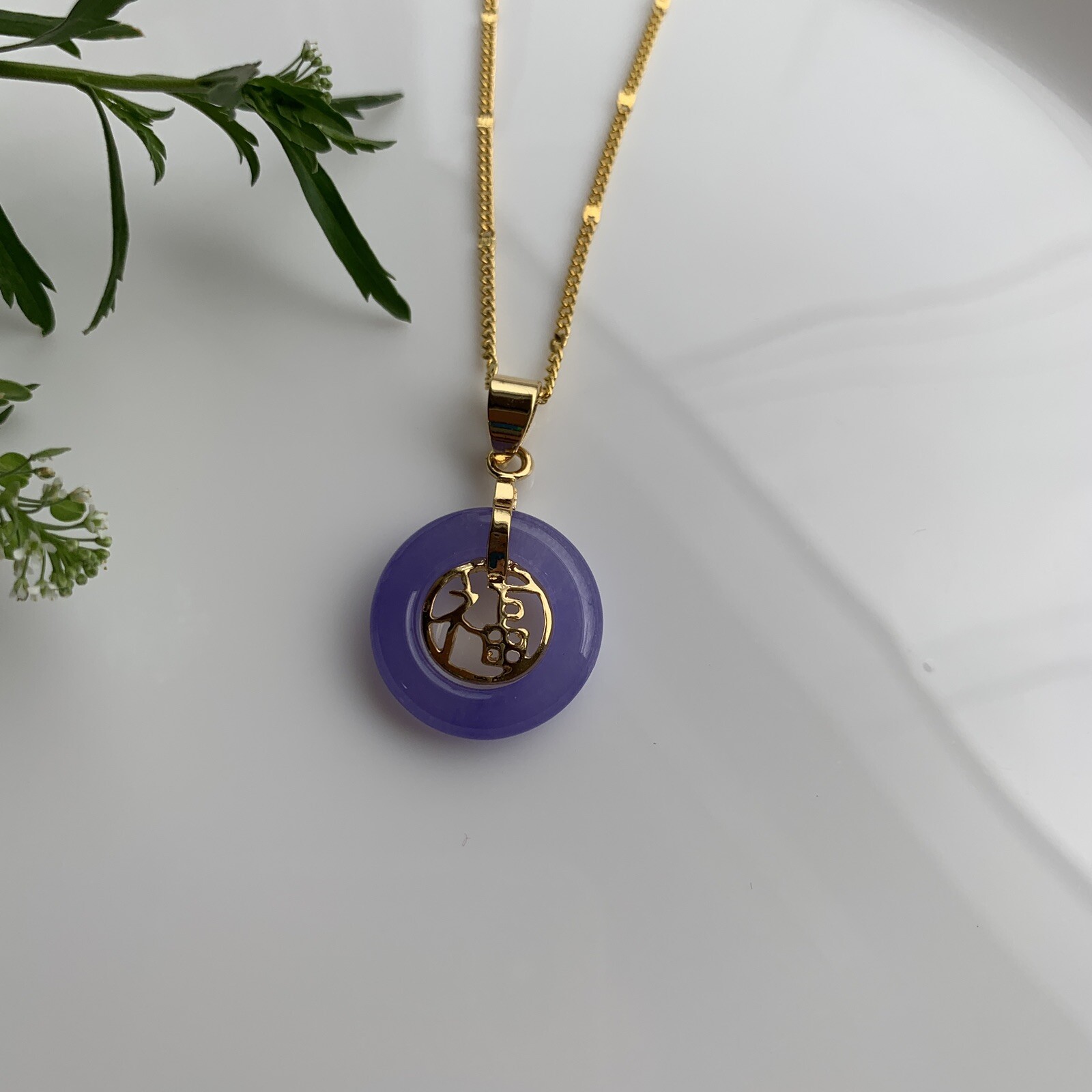 Good Fortune Fu 福Purple Circle Jade Necklace