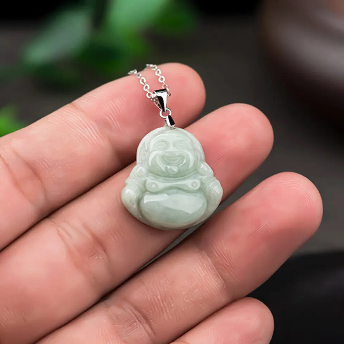 Grade A Natural Jadeite Green Jade Handcarve Maitreya Buddha Pendant Necklace